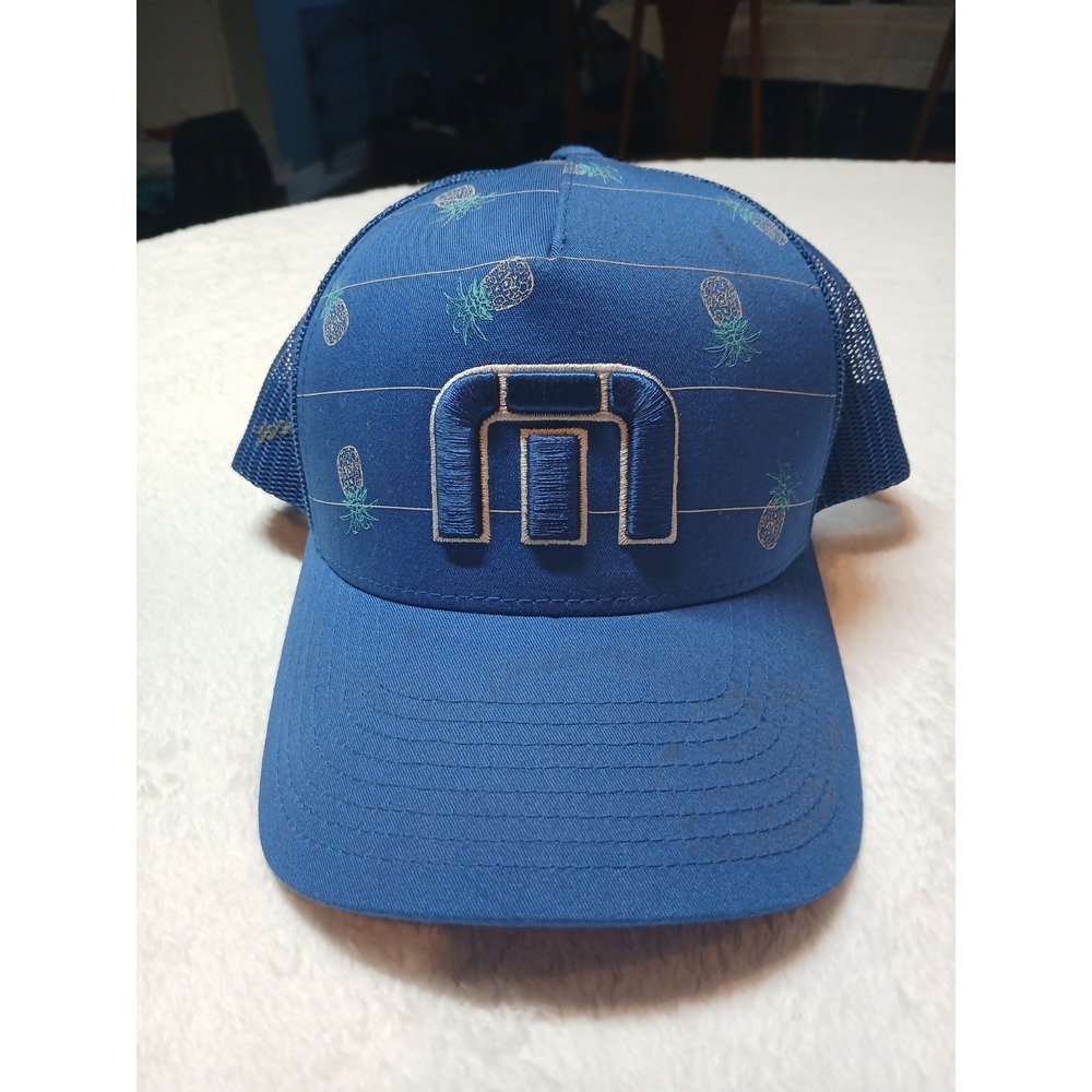 Travis Mathew Blue Pineapple Print Yupoong Adjustable Trucker Hat